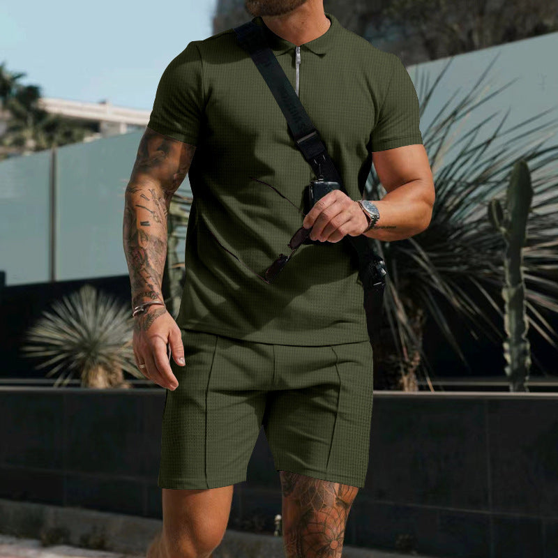 Performance men's short sleeve athletic set, two-piece gym outfit for comfort & active wear.