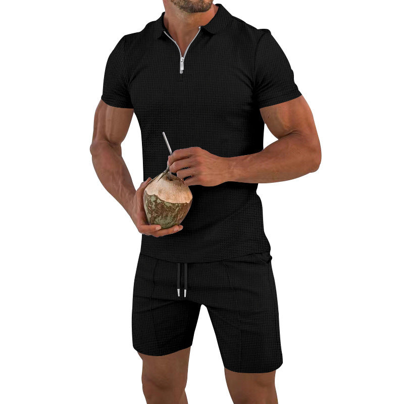 Durable men's gym clothes: two-piece short sleeve set, designed for high-performance workouts.