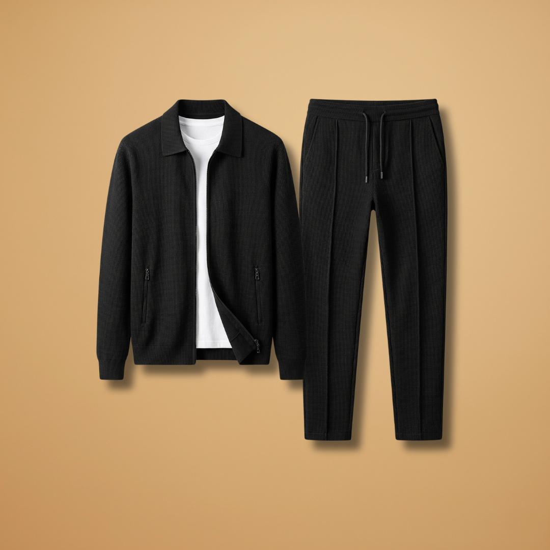 Men's athletic tracksuit set: comfortable zip jacket & straight pants for activewear.