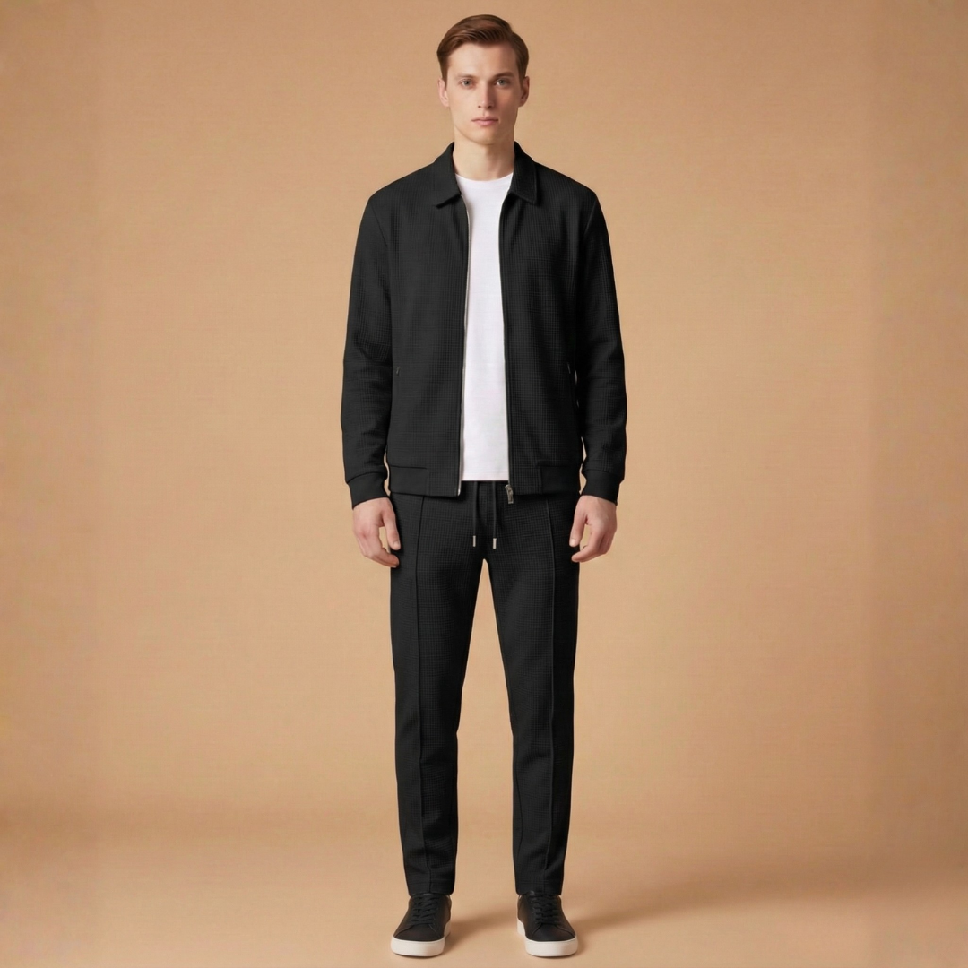 Stylish men's two-piece tracksuit set with zip jacket & straight pants, ideal for casual wear.