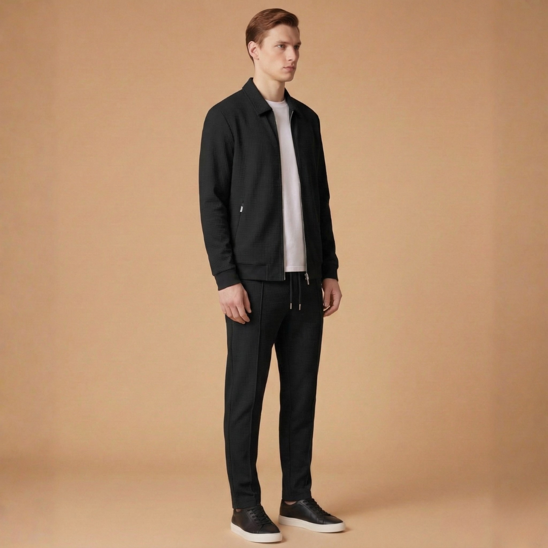 Comfortable men's tracksuit set, perfect for loungewear or activewear, featuring a zip jacket and straight pants.