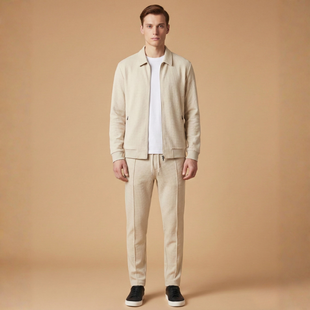 Men's comfortable tracksuit set with zip-up jacket & straight-leg pants, ideal for gym workouts & running.