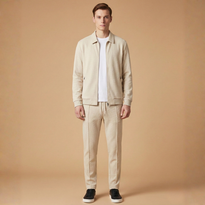 Men's comfortable tracksuit set with zip-up jacket & straight-leg pants, ideal for gym workouts & running.
