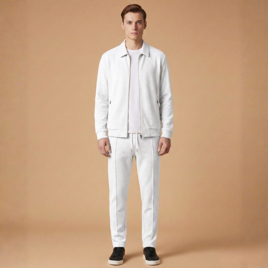 Comfortable & stylish men's tracksuit set with zip jacket & straight pants, perfect for all-day casual wear.