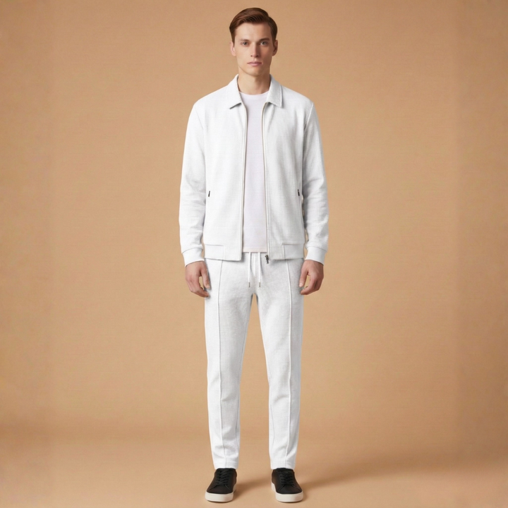 Comfortable & stylish men's tracksuit set with zip jacket & straight pants, perfect for all-day casual wear.
