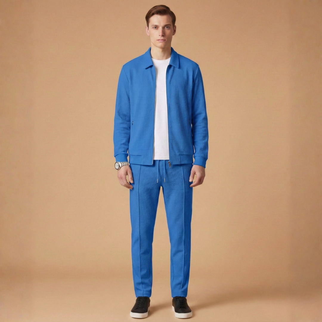 Performance men's athletic tracksuit featuring a functional zip jacket and comfortable straight pants design.