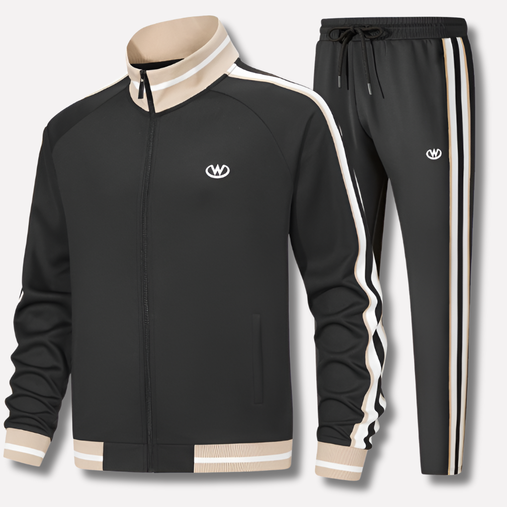 Men's athletic tracksuit set with zip jacket & matching joggers, featuring stylish stripe detail for activewear.