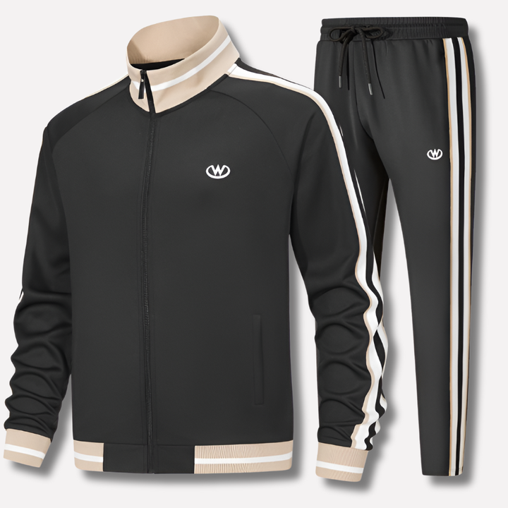 Men's athletic tracksuit set with zip jacket & matching joggers, featuring stylish stripe detail for activewear.