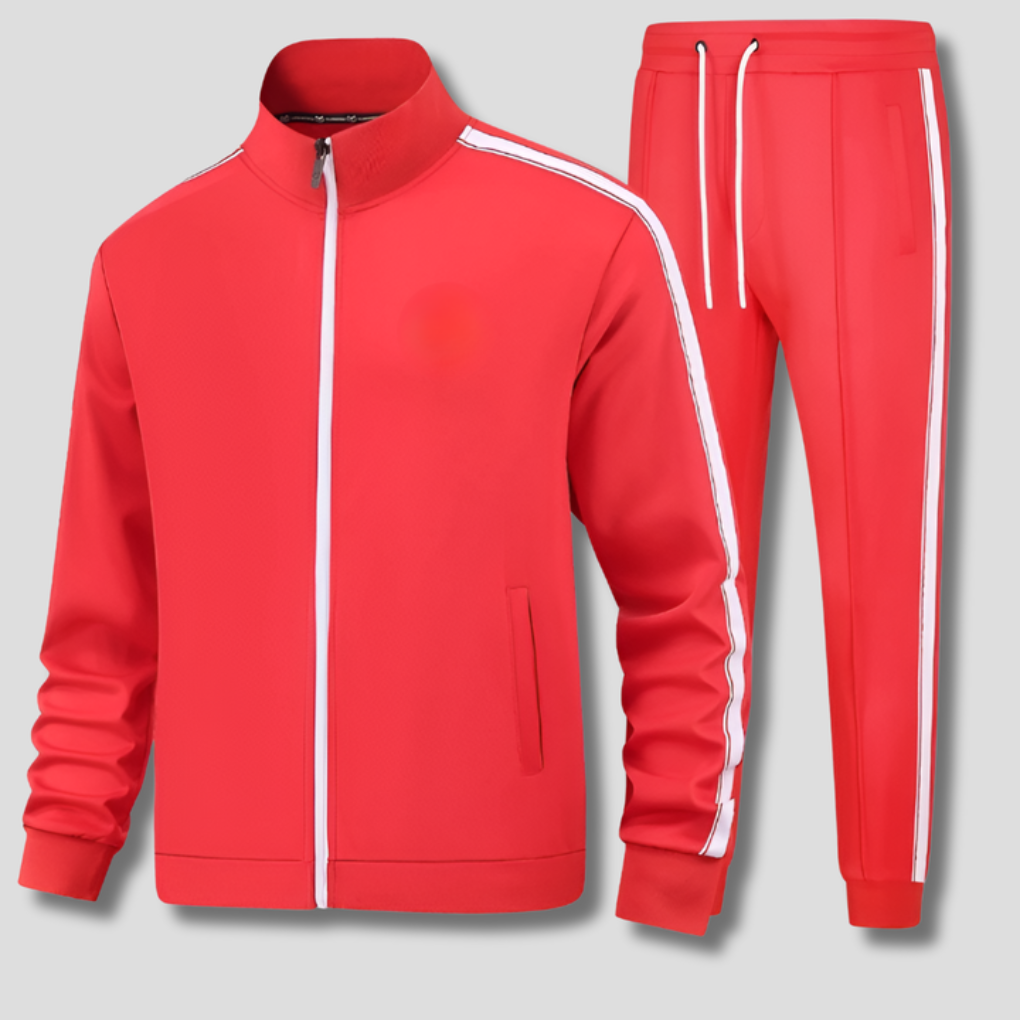 Full men's activewear tracksuit with a zippered jacket & striped joggers, perfect for sports and casual wear.