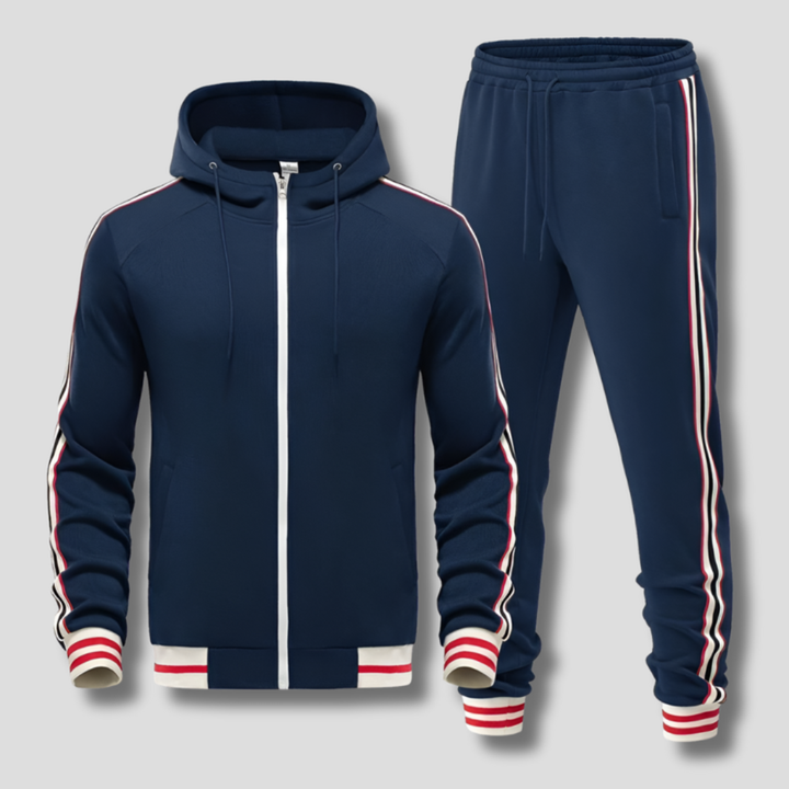 Coordinated men's sportswear set: a sleek zip-up track jacket and striped joggers, blending style & comfort.
