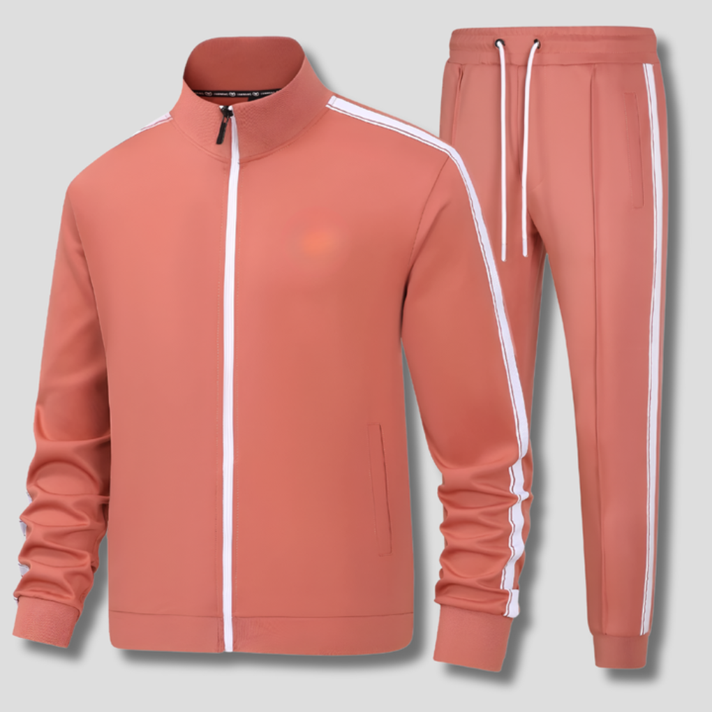 Modern men's athletic jogger set with a full-zip track jacket and matching striped bottoms, suitable for training.