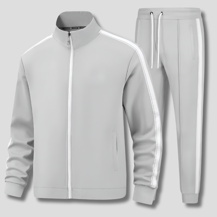 New men's active tracksuit set, including a zip-front jacket & joggers with stripe detail, designed for comfort.