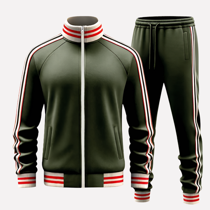 Fashionable men's athletic tracksuit, a complete jogger set with a zippered track jacket & stylish striped pants.
