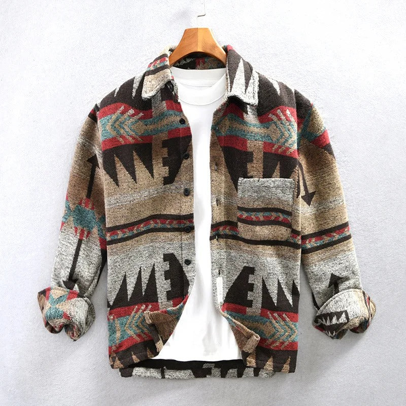Men's Aztec print button-down long sleeve shacket. Casual, stylish outerwear perfect for layering. Brown/beige hues.