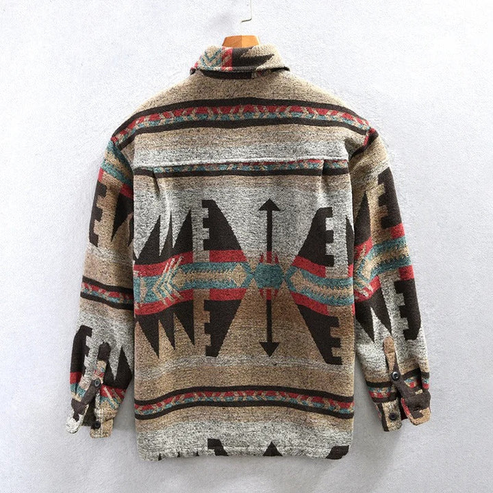 Brown & beige Aztec print men's shacket. Long sleeve, button-down, a stylish casual outerwear piece.