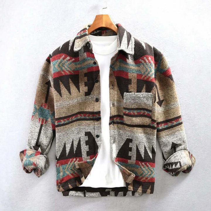 Men's Aztec print button-up shirt jacket, Southwestern fall fashion outerwear