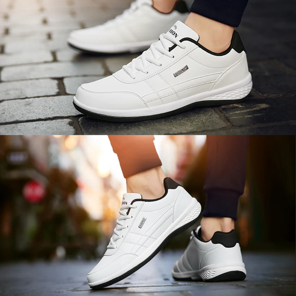 Black men's lace-up everyday sneakers, offering balanced support for comfortable daily walking.