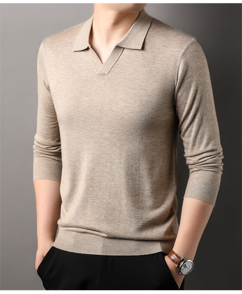 Men's beige long sleeve V-neck polo shirt with ribbed trim, perfect for smart casual autumn wear and everyday comfort.