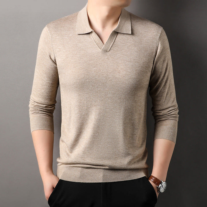 Timeless men's V-neck long sleeve polo in beige. Effortless smart casual style for versatile autumn fashion.