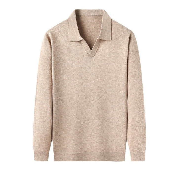 Comfortable men's beige V-neck long sleeve polo shirt, featuring ribbed cuffs and hem for a polished, casual look.