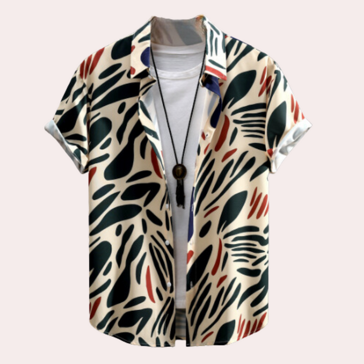 Men's beige short sleeve shirt with an abstract pattern, perfect for relaxed summer fashion and resort wear.