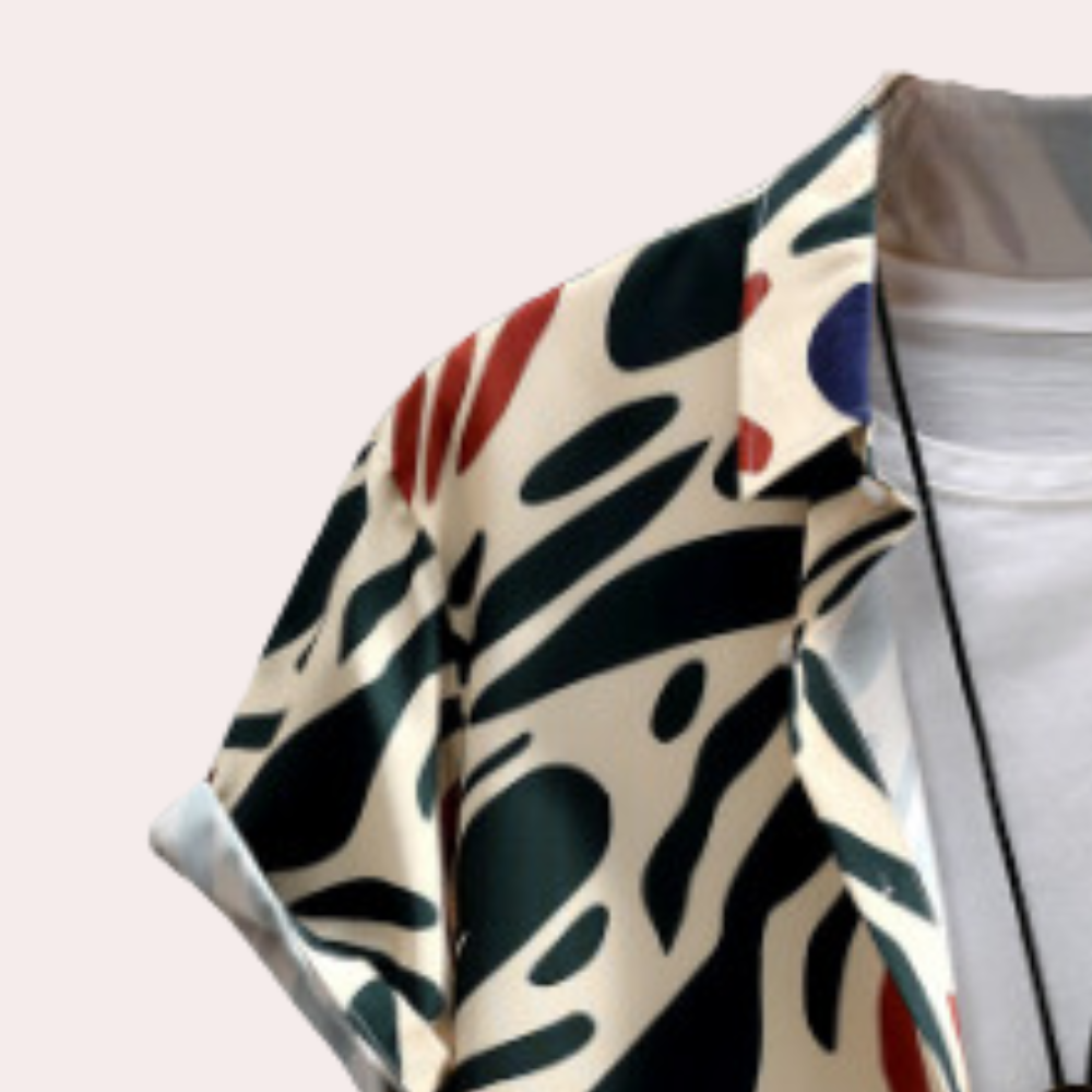 Abstract pattern men's short sleeve shirt in beige, a relaxed fit top suitable for casual summer fashion & beach holidays.