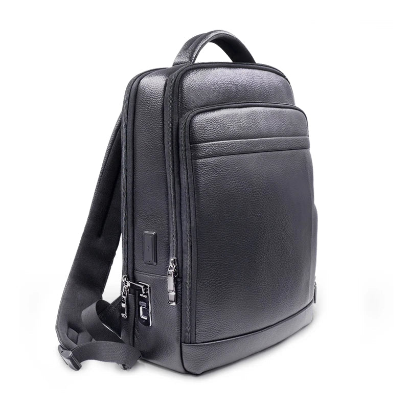 Men's black anti-theft leather backpack featuring a secure fingerprint lock, ideal for business and travel.