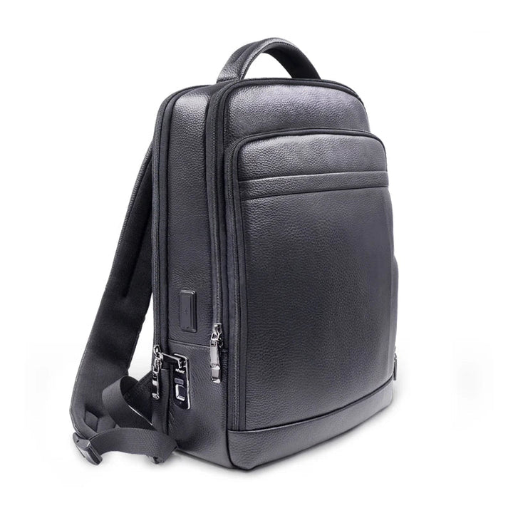 Men's black anti-theft leather backpack featuring a secure fingerprint lock, ideal for business and travel.