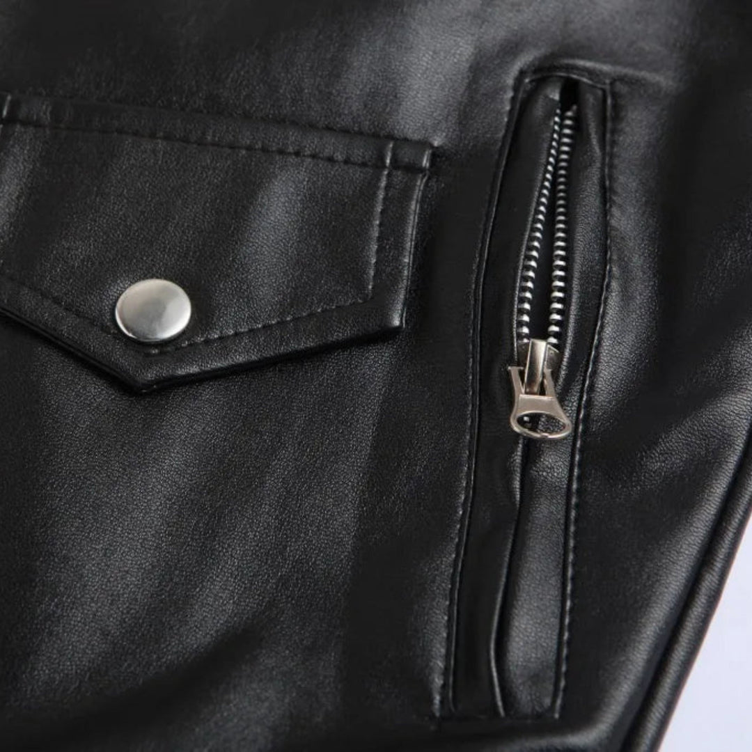 Fashionable men's black bomber jacket, detailed with a belt, epaulets, and zip pockets.