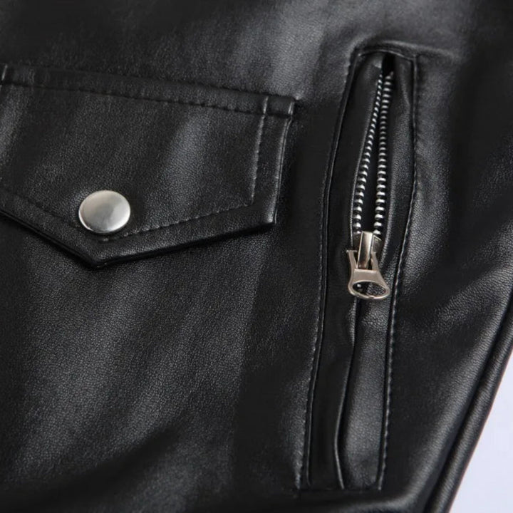 Fashionable men's black bomber jacket, detailed with a belt, epaulets, and zip pockets.