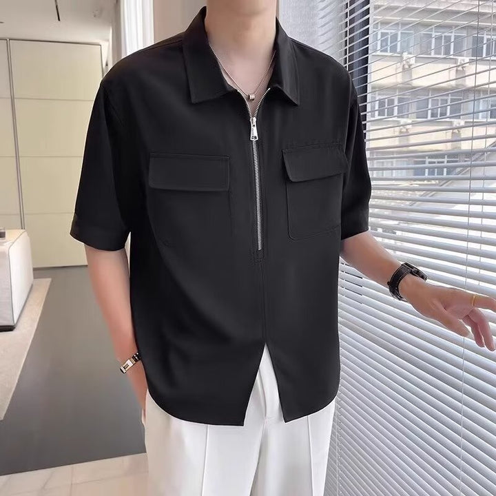 Men's black casual short sleeve zip-up shirt, relaxed fit, perfect for summer everyday wear. Stylish & comfortable.
