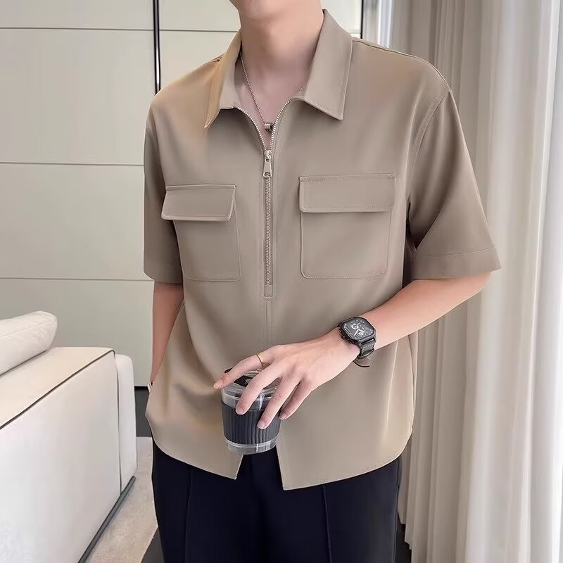 Khaki men's short sleeve zip-up casual shirt, relaxed fit for versatile summer fashion. Comfortable everyday wear.