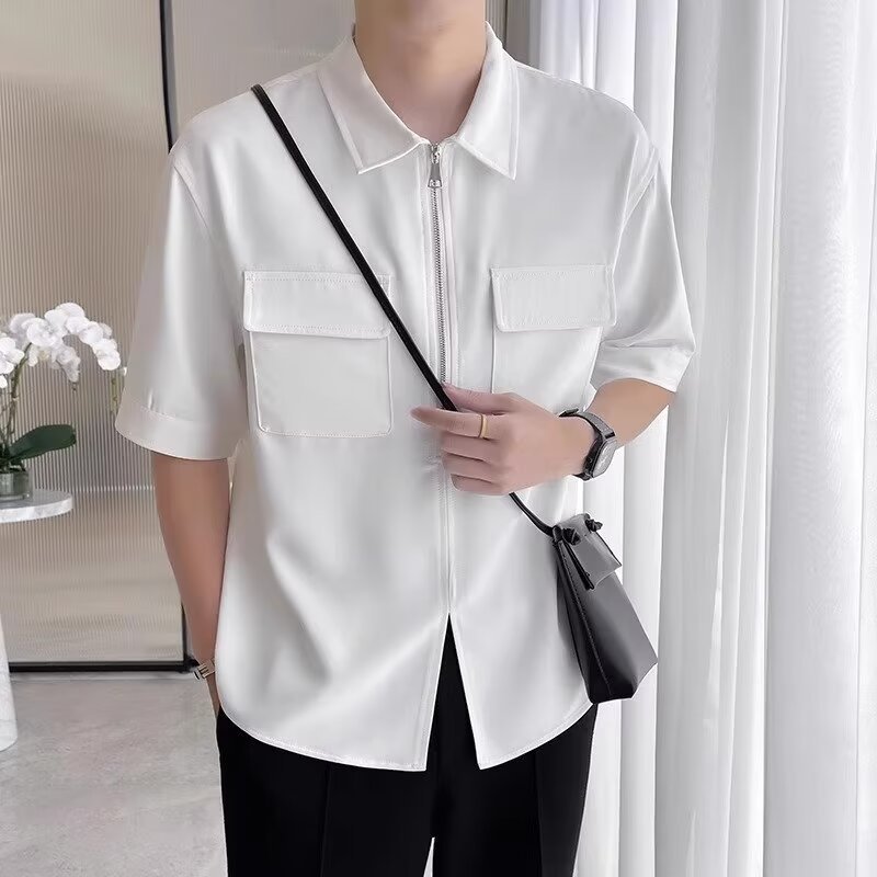 Stylish men's casual short sleeve zip-up shirt in black, khaki, or white. Relaxed fit for summer comfort.