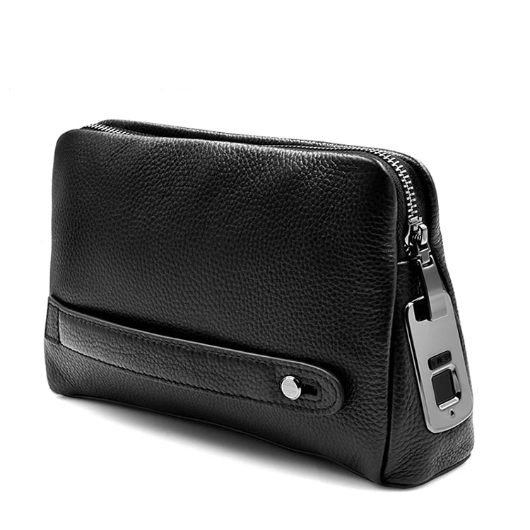 Men's black leather anti-theft clutch bag with biometric fingerprint lock for secure daily essentials.