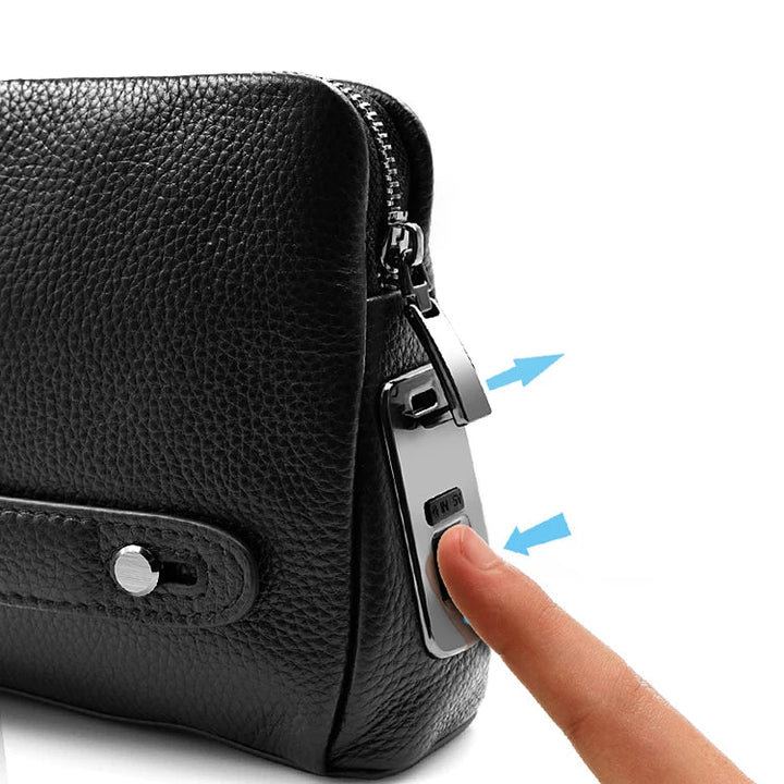 Premium leather men's clutch with advanced fingerprint security, ideal for travel or secure daily carry.