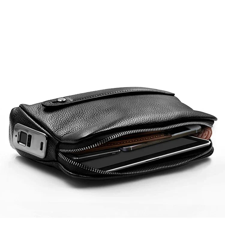 Stylish men's leather travel pouch with secure anti-theft fingerprint biometric lock for peace of mind.