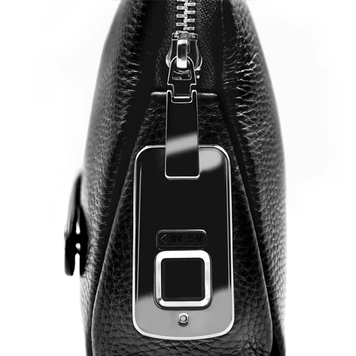Close-up of men's leather clutch bag showing integrated fingerprint lock, ensuring secure access to valuables.