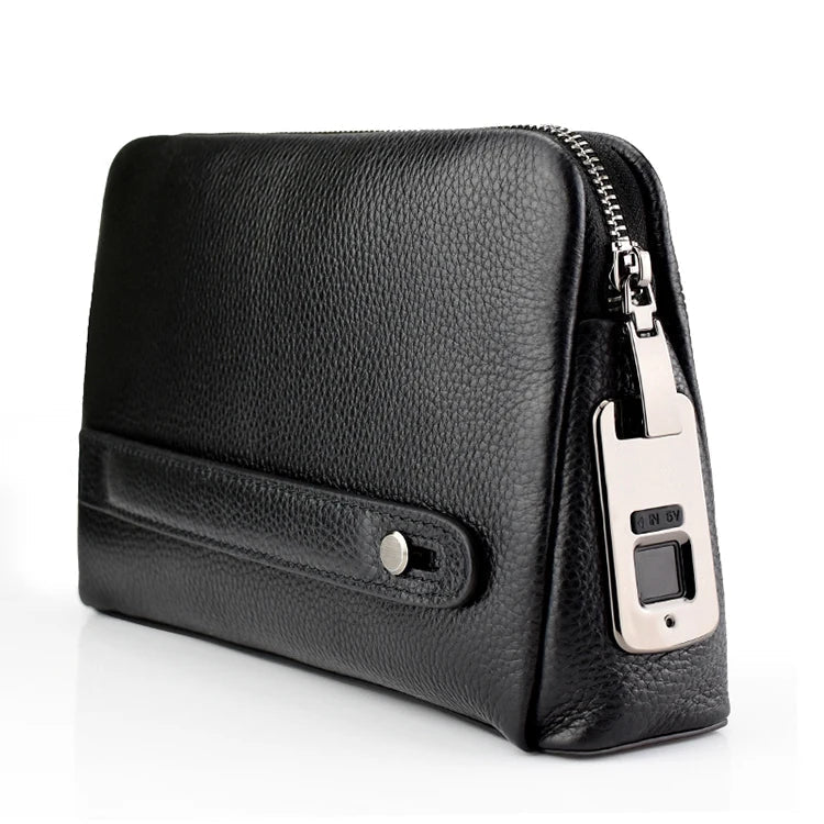 Modern men's accessory: anti-theft leather clutch with biometric fingerprint lock for secure organization.