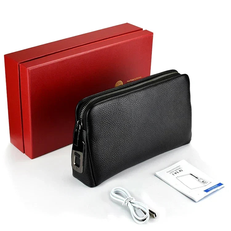 Spacious men's leather anti-theft clutch with fingerprint lock, perfect for securing wallet & daily essentials.