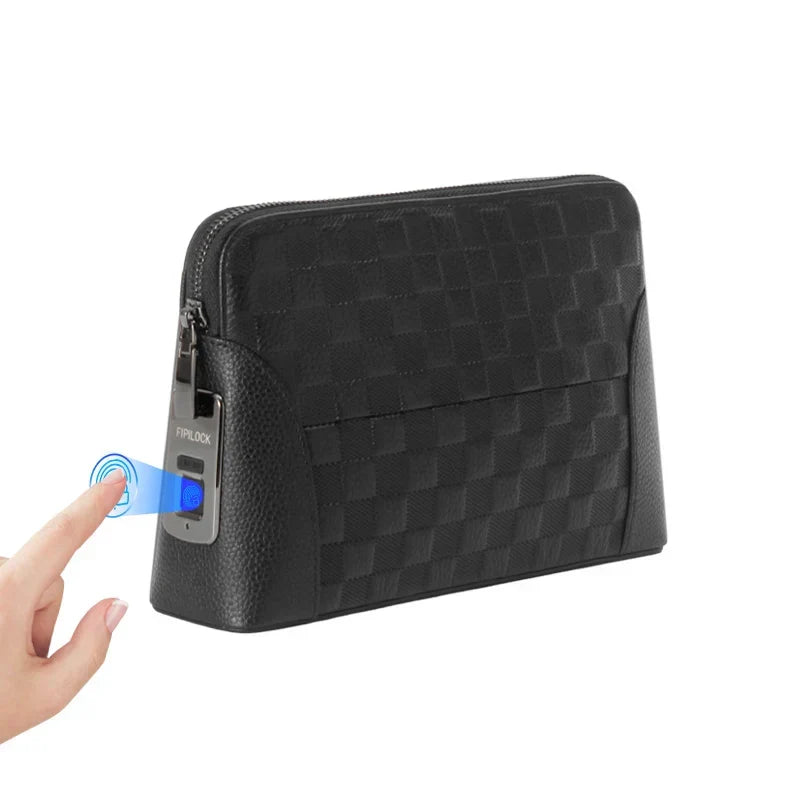 Men's black leather clutch wallet with fingerprint lock, offering secure anti-theft protection and biometric access.