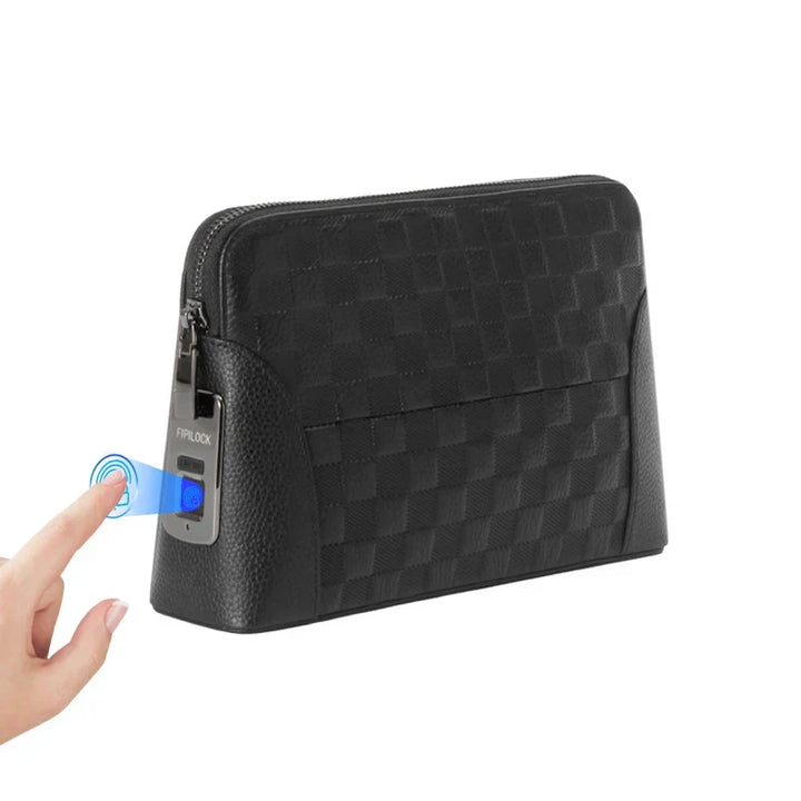 Men's black leather clutch wallet with fingerprint lock, offering secure anti-theft protection and biometric access.