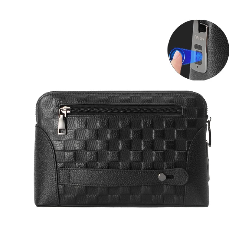 Secure men's anti-theft leather travel pouch featuring a biometric fingerprint lock for ultimate protection.
