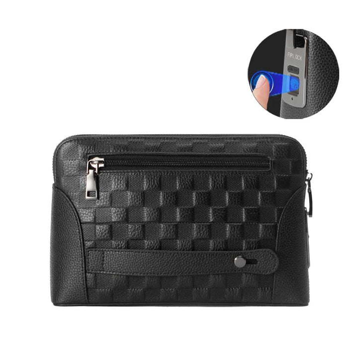 Secure men's anti-theft leather travel pouch featuring a biometric fingerprint lock for ultimate protection.