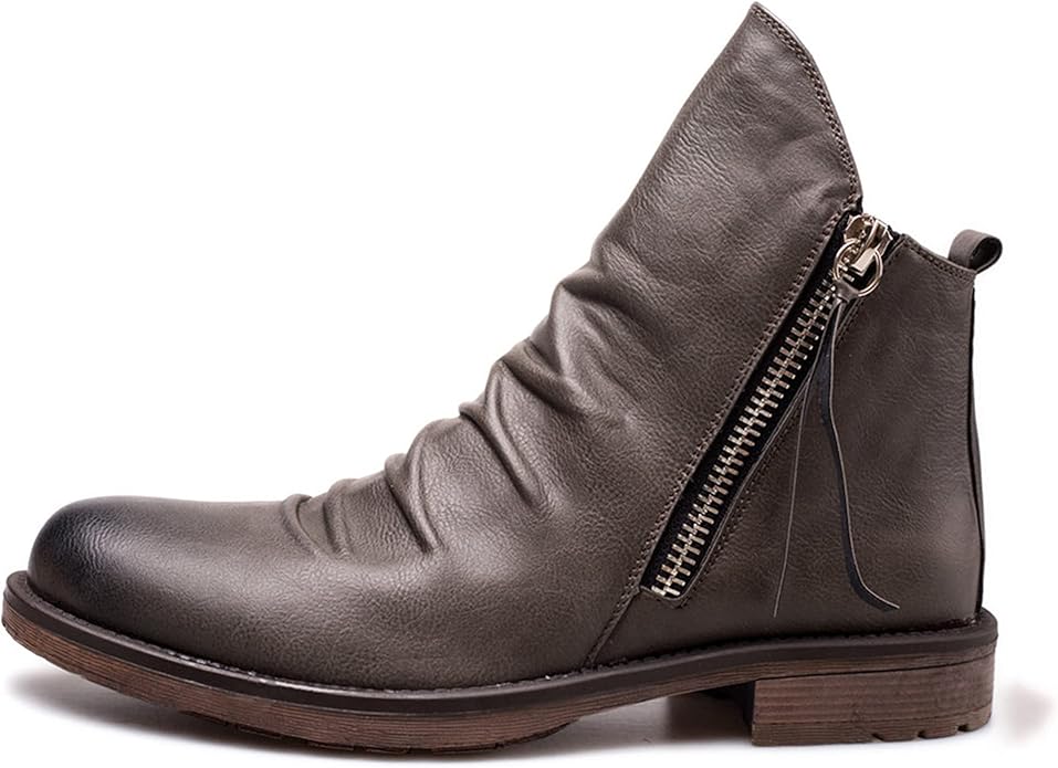 Full shot of men's leather zip boots. Black, suitable for various casual occasions and styles.