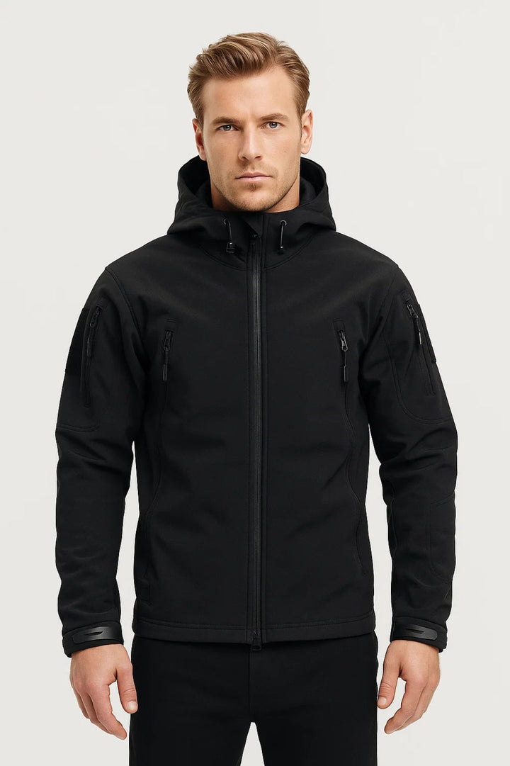 Men's black lightweight zip-up hooded jacket for versatile everyday wear. Perfect for spring & fall casual outings.