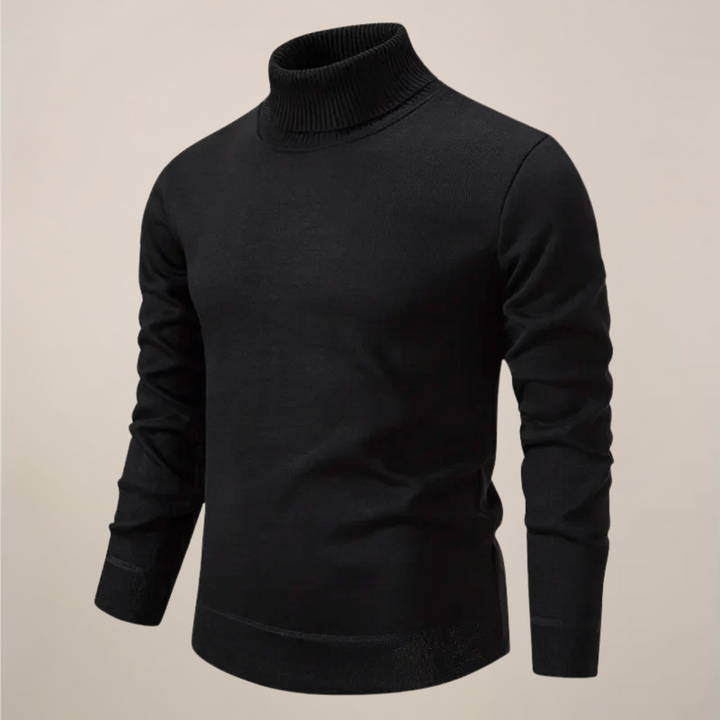 Casual yet refined men's white long sleeve turtleneck sweater, cozy spring fashion apparel.
