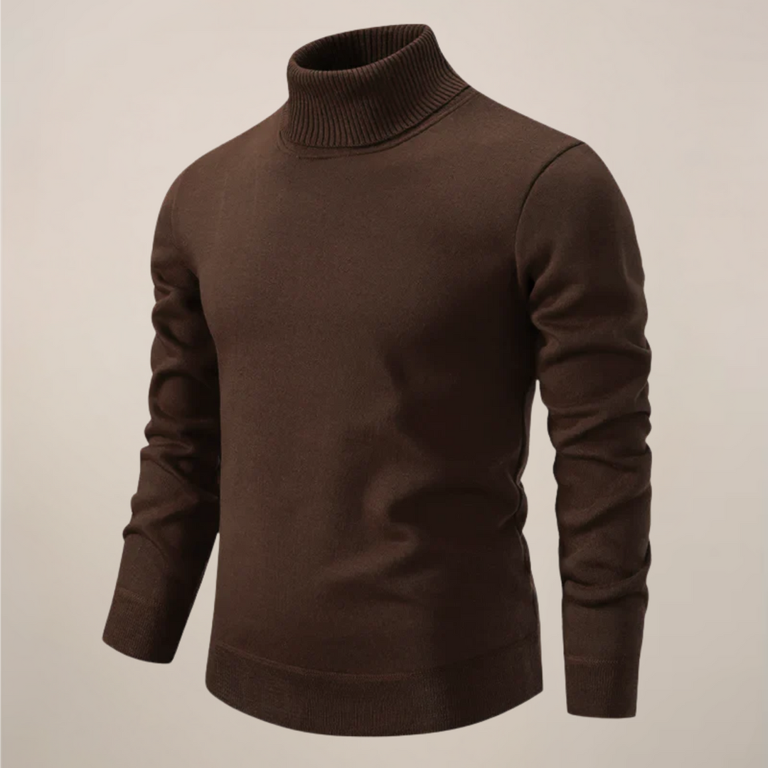 Close-up of the knit fabric on a men's spring turtleneck pullover sweater in a neutral color.