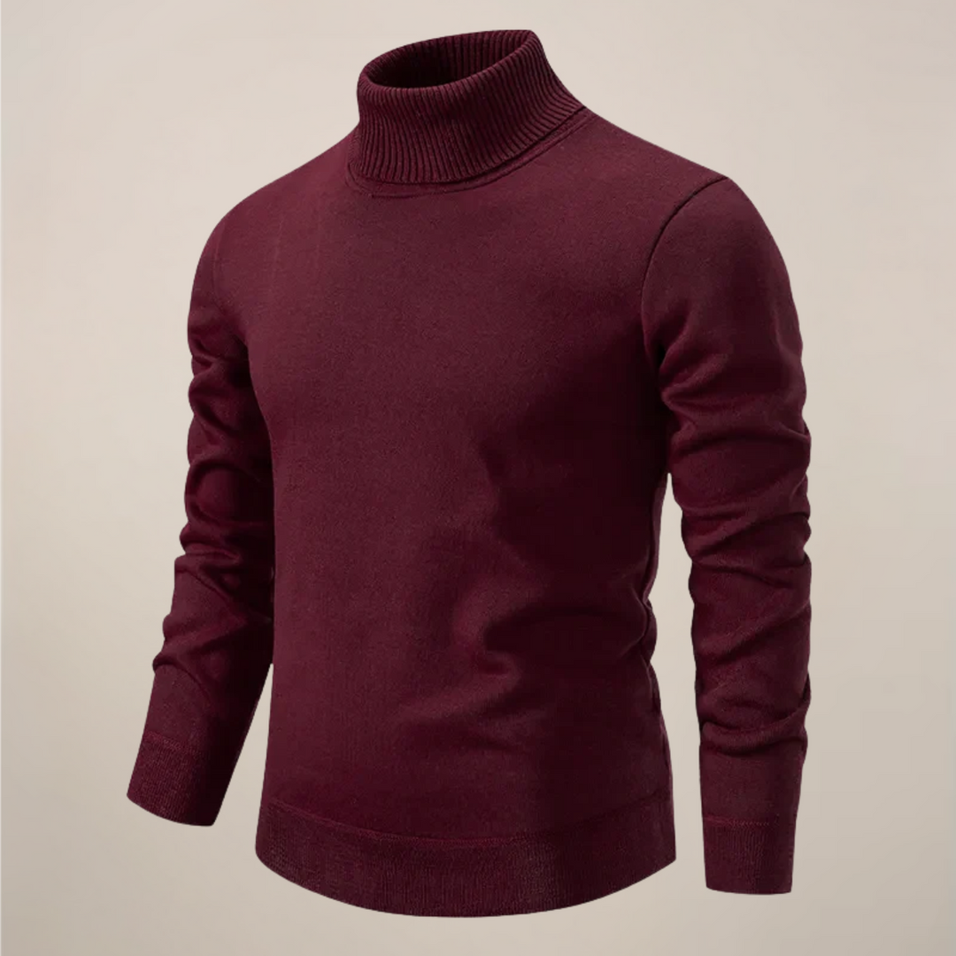 Man wearing a sleek men's long sleeve turtleneck pullover sweater, ideal for spring casual elegance.