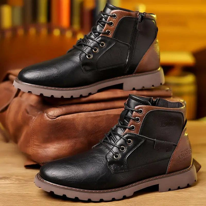 Stylish men's brown leather zipper boots, perfect for formal occasions and men's fashion.