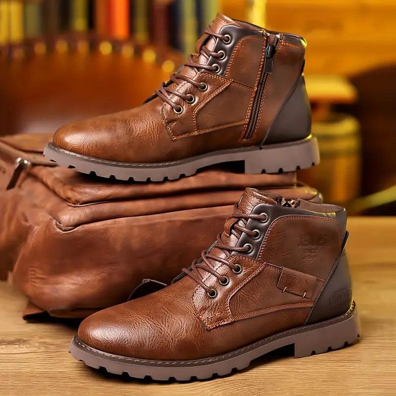 Pair of newly arrived men's leather boots, featuring a sophisticated design with a functional zipper.
